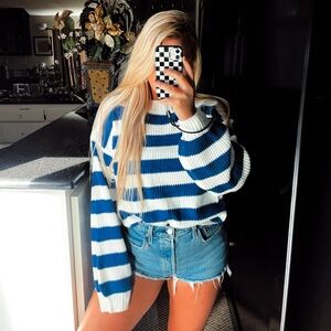 Blue and White Striped Oversized Sweater